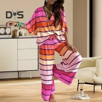 Женский комплект из 2 предметов: топ с рукавами «летучая мышь» и V-образным вырезом, завязывающиеся на шнурок широкие брюки, свободный повседневный спортивный костюм для отдыха S