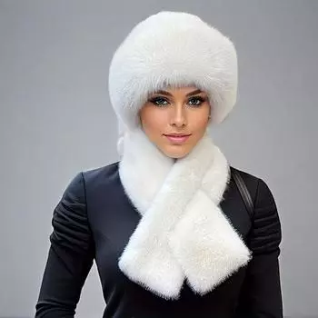 Женский комплект из 2 предметов: Уютная шапка и шарф из искусственного меха — теплая, вязаная зимняя шапка-ушанка с застежкой на пуговицы, однотонная, только ручная стирка белый