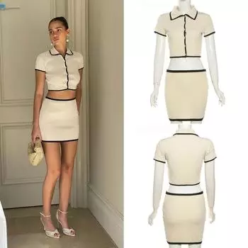 Женский комплект из 2 предметов Weird Puss Ribbed, шорты с воротником-поло и пуговицами, укороченные топы + мини-юбки, одинаковые эластичные элегантные уличные наряды S хаки