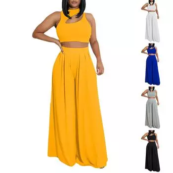 Женский комплект из 2 предметов, весенне-летние спортивные костюмы, укороченный топ без рукавов с вырезом, широкие длинные брюки, спортивные костюмы L чёрный