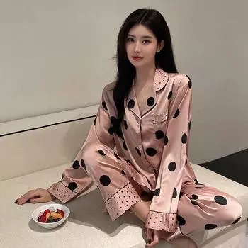 Женский комплект из 2 предметов, весенне-осенняя пижама с длинными рукавами для женщин, модная шелковая одежда для сна, розовая атласная пижама в горошек, домашняя одежда M розовый
