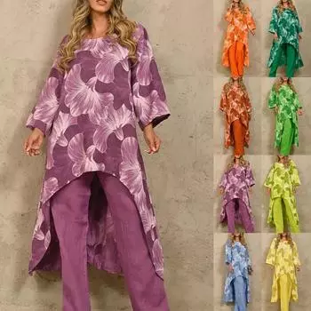 Женский комплект из 2 предметов, весенние повседневные модные топы с длинными рукавами и принтом, свободные длинные брюки XXXXL