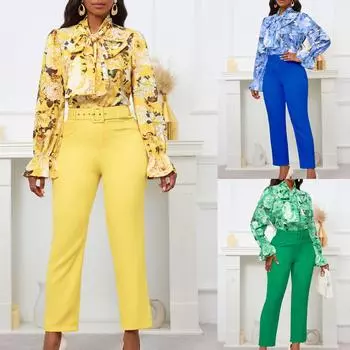 Женский комплект из 2 предметов, винтажная модная рубашка с длинными рукавами и брюками с принтом, офисный комплект из 2 предметов, повседневный элегантный женский комплект из 2 предметов с поясом XXXL красный