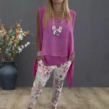 Женский комплект из 2 предметов Yousheng для отдыха, безрукавка, асимметричный подол, майка, спортивные штаны с цветочным принтом, повседневный свободный наряд на весну и лето M синий