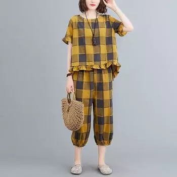 Женский комплект из 2 предметов Yousheng, повседневный клетчатый топ большого размера с короткими рукавами и спортивные брюки, летний свободный наряд L жёлтый