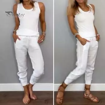 Женский комплект из 2 предметов: жилет, брюки, безрукавка, U-образный вырез, однотонный, эластичный пояс, ретро-брюки, наряд для поездок на работу и отпуска XXXL белый