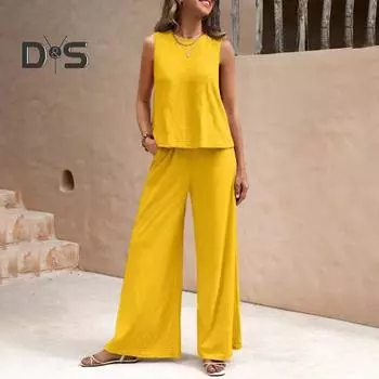 Женский комплект из 2 предметов: жилет, брюки, круглый вырез, без рукавов, однотонный топ, высокая талия, широкие брюки, повседневный наряд для отпуска, летняя пляжная одежда S жёлтый
