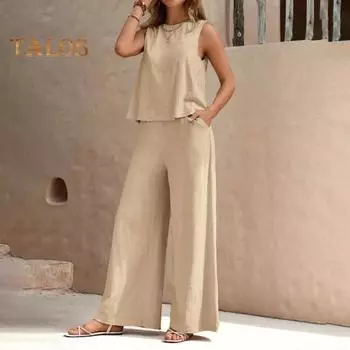 Женский комплект из 2 предметов: жилет, брюки, круглый вырез, без рукавов, однотонный топ, высокая талия, широкие брюки, повседневный наряд для отпуска, летняя пляжная одежда S абрикосовый