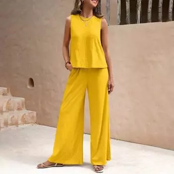 Женский комплект из 2 предметов: жилет, брюки, круглый вырез, без рукавов, однотонный топ, высокая талия, широкие брюки, повседневный наряд для отпуска, летняя пляжная одежда S жёлтый