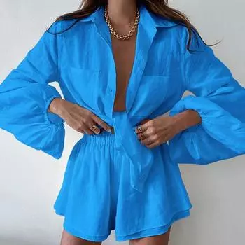 Женский комплект из 2 шт./компл., эластичные плиссированные брюки на шнуровке с длинной талией, рубашка, шорты, однобортные с рукавами-пузырьками M зелёный