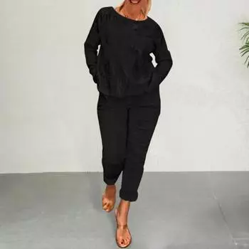 Женский комплект из 2 шт./компл. Домашняя одежда, однотонный бронзовый топ с круглым вырезом, брюки с длинным рукавом 2XL бежевый