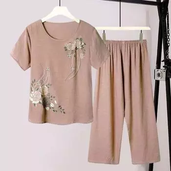 Женский комплект из 2 шт./компл., домашняя одежда, круглая однотонная футболка с цветочным принтом, брюки с коротким рукавом и принтом XL розовый