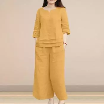 Женский комплект из 2 шт./компл., футболка, брюки, рукав три четверти, V-образный вырез, свободный подол, усталый подол M верблюд