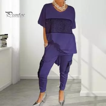 Женский комплект из 2 шт./компл., футболка, брюки, комплект домашней одежды, однотонный топ с блестками и V-образным вырезом, с короткими рукавами, брюки с эластичной резинкой на талии, комплект брюк с топом для поездок на работу 2XL зелёный