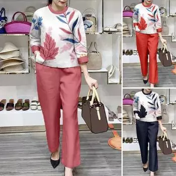 Женский комплект из 2 шт./компл., футболка, брюки, большие размеры, свободные брюки с цветочным принтом, круглым вырезом и длинными рукавами, эластичная резинка на талии XL оранжевый