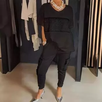 Женский комплект из 2 шт./компл., футболка, брюки, комплект домашней одежды, однотонный топ с блестками и V-образным вырезом, с короткими рукавами, брюки с эластичной резинкой на талии, комплект брюк с топом для поездок на работу 2XL зелёный