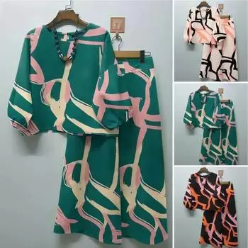 Женский комплект из 2 шт./компл., комплект с богемным цветочным узором, блузка с круглым вырезом 45355, рукава, широкие брюки, свободный костюм L зелёный