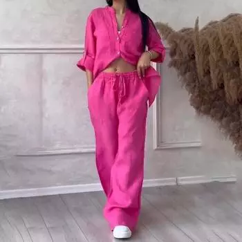 Женский комплект из 2 шт./компл., комплект домашней одежды, воротник, длинная однотонная рубашка-стойка, брюки, широкий топ с рукавами 2XL жёлтый