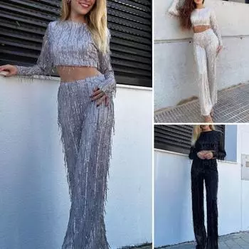 Женский комплект из 2 шт./компл., комплект для вечеринки с кисточками и блестками, укороченный топ с круглым вырезом и длинными рукавами, комплект с широкими штанинами и высокой талией S белый