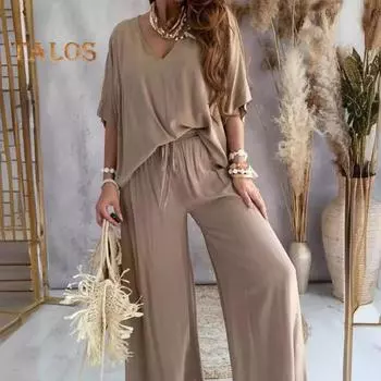 Женский комплект из 2 шт./компл., комплект из топа и брюк с высокой талией, сплошной цвет, широкие плиссированные брюки с V-образным вырезом и рукавами «летучая мышь», свободная футболка, повседневная одежда для поездок на работу, комплект из блузки и брю