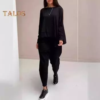 Женский комплект из 2 шт./компл., комплект из топа и брюк, футболка с длинными рукавами и круглым вырезом, эластичная талия, брюки с ремешками на щиколотке и большими карманами, спортивный брючный костюм для поездок на работу M белый