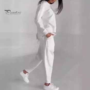 Женский комплект из 2 шт./компл., комплект из топа и брюк, футболка с длинными рукавами и круглым вырезом, эластичная талия, брюки с ремешками на щиколотке и большими карманами, спортивный брючный костюм для поездок на работу M чёрный