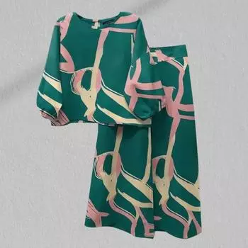 Женский комплект из 2 шт./компл., комплект с богемным цветочным узором, блузка с круглым вырезом и рукавами 3/4, широкие брюки, свободный костюм M бежевый