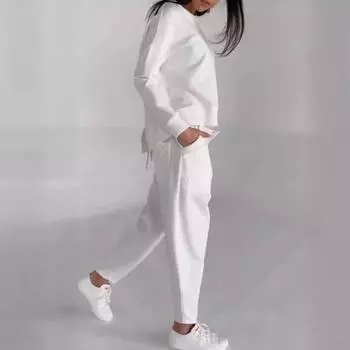 Женский комплект из 2 шт./компл., комплект из топа и брюк, футболка с длинными рукавами и круглым вырезом, эластичная талия, брюки с ремешками на щиколотке и большими карманами, спортивный брючный костюм для поездок на работу M белый