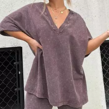 Женский комплект из 2 шт./компл., летняя спортивная одежда с V-образным вырезом и короткими рукавами и разрезом по бокам, свободная футболка с эластичной резинкой на талии, мини L фиолетовый