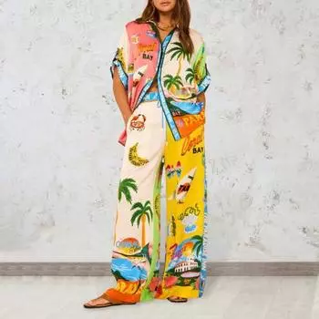 Женский комплект из 2 шт./компл., однобортный однобортный короткий стиль, рубашка с ярким принтом, брюки, топ с рукавами и лацканами для отдыха на Гавайях S жёлтый