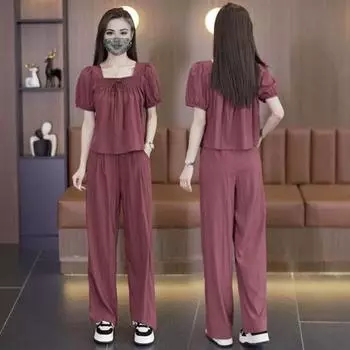 Женский комплект из 2 шт./компл., однотонный плиссированный топ с короткими рукавами и квадратным бантом, брюки с широким воротником L зелёный