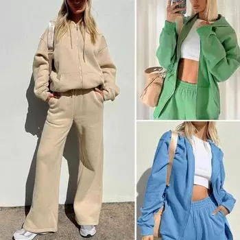 Женский комплект из 2 шт./компл., пальто, брюки, однотонный, мягкий, теплый, кардиган на молнии, шляпа, спортивный костюм с эластичной резинкой на талии L светло-синий