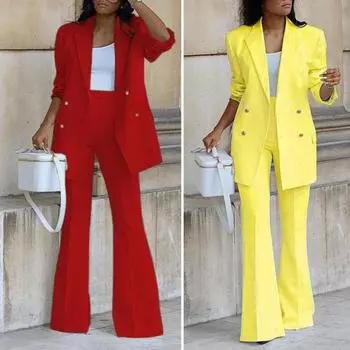 Женский комплект из 2 шт./компл., пальто, брюки, двубортный кардиган средней длины, куртка с длинными рукавами, широкие брюки с высокой талией, прямые брюки, женский коммутационный наряд XL белый