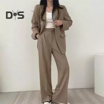 Женский комплект из 2 шт./компл., пальто, брюки, деловой стиль, однобортный кардиган с длинным рукавом и воротником-стойкой, высокая талия, широкие штаны, однотонный цвет M хаки