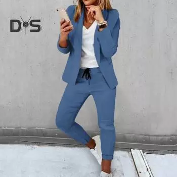 Женский комплект из 2 шт./компл., пальто, брюки, деловой комплект, с длинными рукавами, однотонный однотонный эластичный пояс с лацканами на шнуровке, облегающие брюки, блейзер, брючный костюм 3XL синий