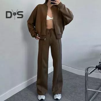 Женский комплект из 2 шт./компл., пальто, брюки, воротник-стойка, застежка-молния с длинным рукавом, свободные эластичные манжеты, высокая эластичная талия, широкие штаны, однотонный женский спортивный костюм XL кофейный