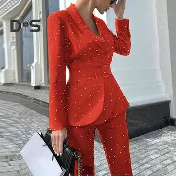 Женский комплект из 2 шт./компл., пальто, брюки, формальный деловой стиль, с узкой талией и лацканами с длинным рукавом, V-образным вырезом и точечным принтом, OL, коммутационная куртка, комплект брюк XL чёрный