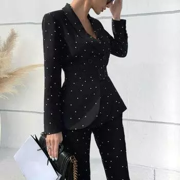Женский комплект из 2 шт./компл., пальто, брюки, формальный деловой стиль, с узкой талией и лацканами с длинным рукавом, V-образным вырезом и точечным принтом, OL, коммутационная куртка, комплект брюк XL чёрный