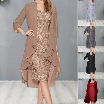 Женский комплект из 2 шт./компл., платье-кардиган, кружевное платье с цветочной вышивкой и круглым вырезом, облегающее платье миди, нерегулярное платье с рукавами три четверти средней длины 3XL вино красного