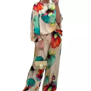 Женский комплект из 2 шт./компл., яркий топ в три четверти с цветочным принтом, брюки, футболка с рукавами «летучая мышь» и круглым вырезом XL зелёный