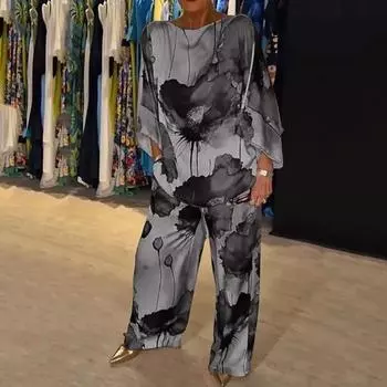 Женский комплект из 2 шт./компл., яркий топ в три четверти с цветочным принтом, брюки, футболка с рукавами «летучая мышь» и круглым вырезом