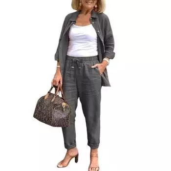 Женский комплект из 2 шт./компл., рубашка, брюки, свободные однобортные блузки с лацканами средней длины и длинными рукавами, широкие брюки с высокой талией, повседневные M темно-серого