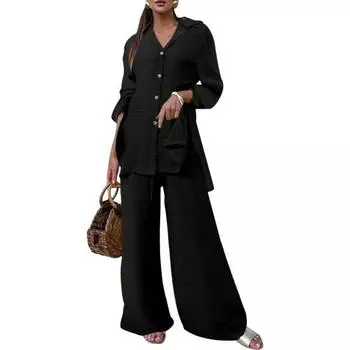 Женский комплект из 2 шт./компл., рубашка, брюки, однотонный, с отложным воротником, длинным рукавом, средней длины, широкий эластичный топ XL чёрный