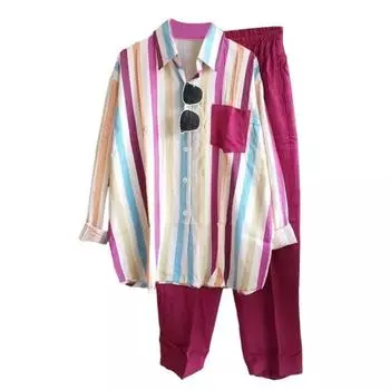 Женский комплект из 2 шт./компл., рубашка, брюки, одинаковый цвет, полосатый нагрудный карман с принтом, однобортная блузка с длинными рукавами и лацканами, комплект свободных брюк с эластичной резинкой на талии M розы красного