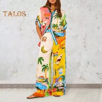 Женский комплект из 2 шт./компл., рубашка, брюки, Гавайский стиль отдыха, однобортный однобортный топ с короткими рукавами и лацканами с ярким принтом, широкие брюки с высокой эластичной талией S жёлтый