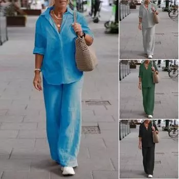 Женский комплект из 2 шт./компл., рубашка и брюки, однотонный, свободный, с широкими отворотами и длинными рукавами, повседневный эластичный пояс, тонкий, мягкий, дышащий, осенне-весенний топ, брючный костюм 2XL серебряный серый