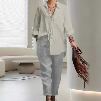 Женский комплект из 2 шт./компл., рубашка, брюки, эластичные карманы на талии, однобортный с длинными рукавами и лацканами, повседневная одежда, однотонный кардиган, женский наряд больших размеров 5XL темно-синий