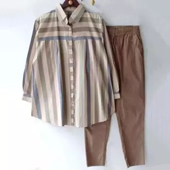 Женский комплект из 2 шт./компл., рубашка, брюки, полосатый контрастный цвет, однобортная блузка с длинными рукавами и лацканами, широкие брюки, свободные брюки с эластичной резинкой на талии, женский комплект L розы красного