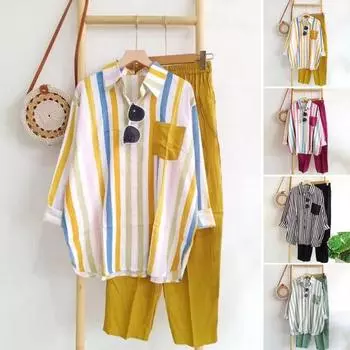 Женский комплект из 2 шт./компл., рубашка, брюки, одинаковый цвет, полосатый нагрудный карман с принтом, однобортная блузка с длинными рукавами и лацканами, комплект свободных брюк с эластичной резинкой на талии M зелёный