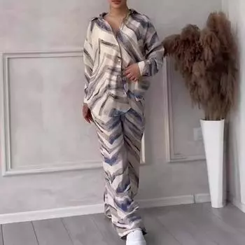 Женский комплект из 2 шт./компл., рубашка и брюки, комплект домашней одежды, отложной воротник с принтом, топ с длинными рукавами, широкие штанины, эластичная резинка на талии L серый